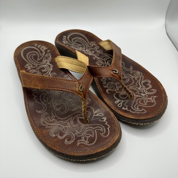 Olukai Paniolo Women's Leather Flip Flops Brown Embellished Thong Sandals - Picture 1 of 5